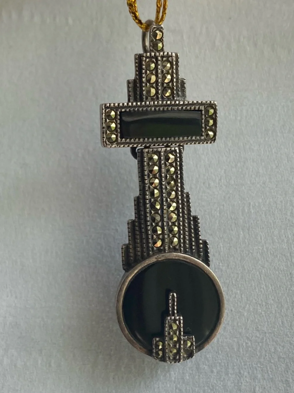 Vintage Art Deco Sterling Silver Black Onyx & Marcasite cross Pendant 925 - Picture 6 of 8